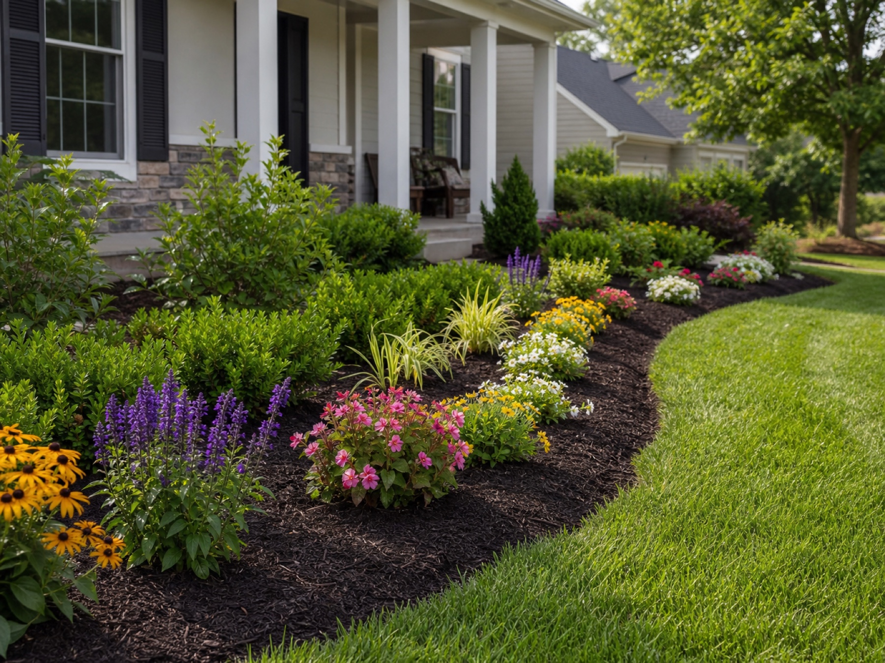 Freshly installed residential flowerbed